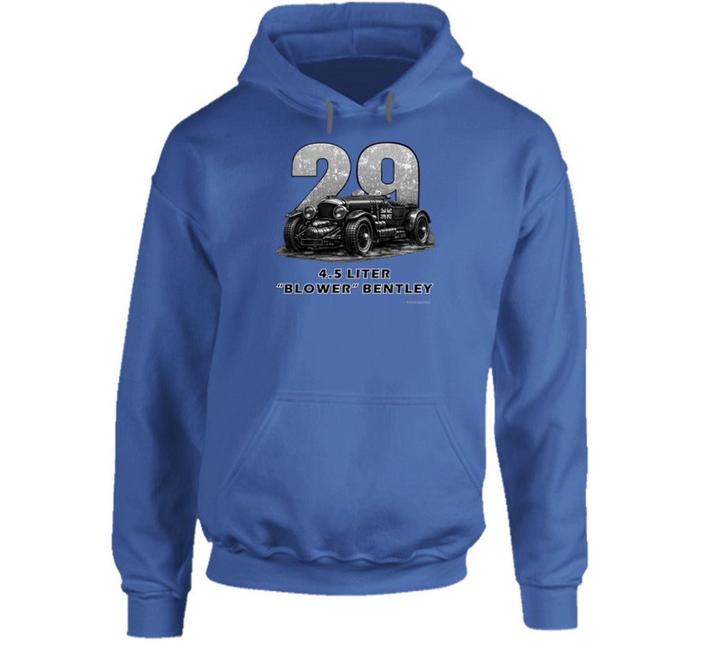 "1929 Blower Bentley vintage racing car hoodie in navy blue with distressed graphic design"