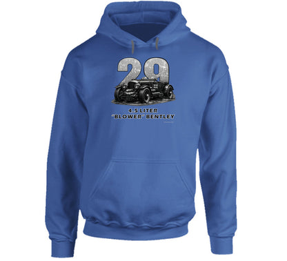 "1929 Blower Bentley vintage racing car hoodie in navy blue with distressed graphic design"