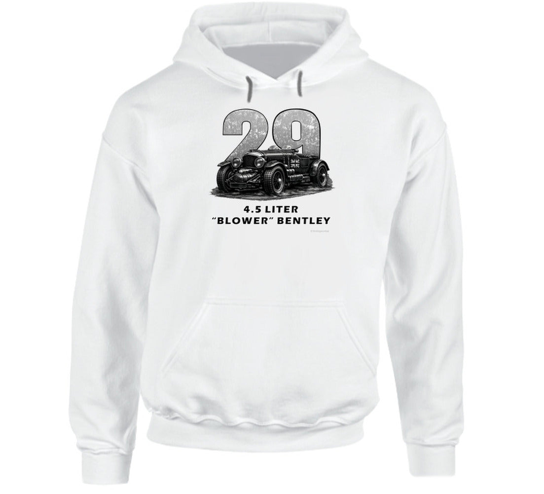 "1929 Blower Bentley vintage racing car hoodie in white with distressed black graphic design"
