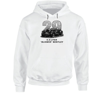"1929 Blower Bentley vintage racing car hoodie in white with distressed black graphic design"