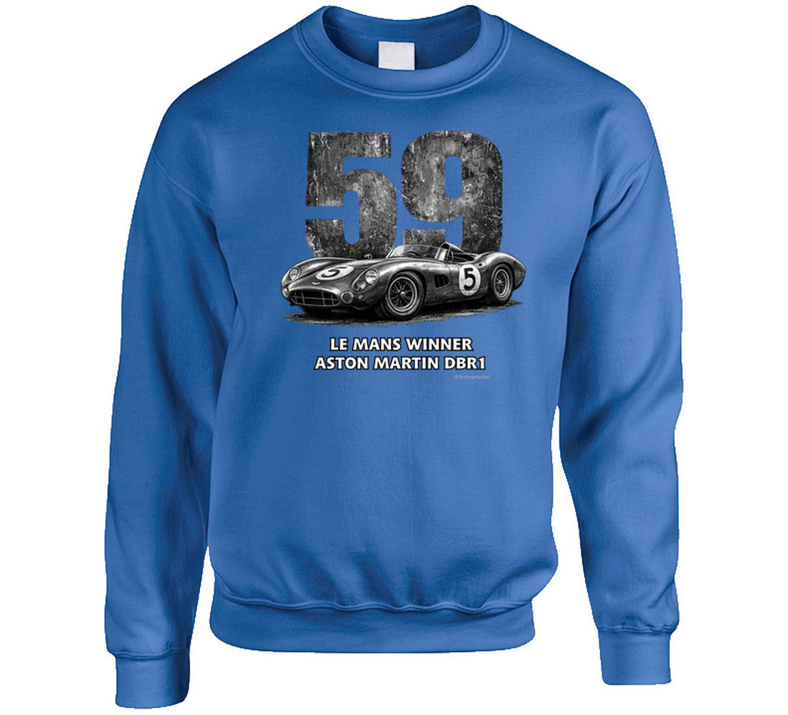 "Aston Martin DBR1 Le Mans Winner retro racing sweatshirt in royal blue with vintage graphics"
