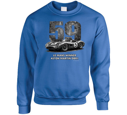 "Aston Martin DBR1 Le Mans Winner retro racing sweatshirt in royal blue with vintage graphics"