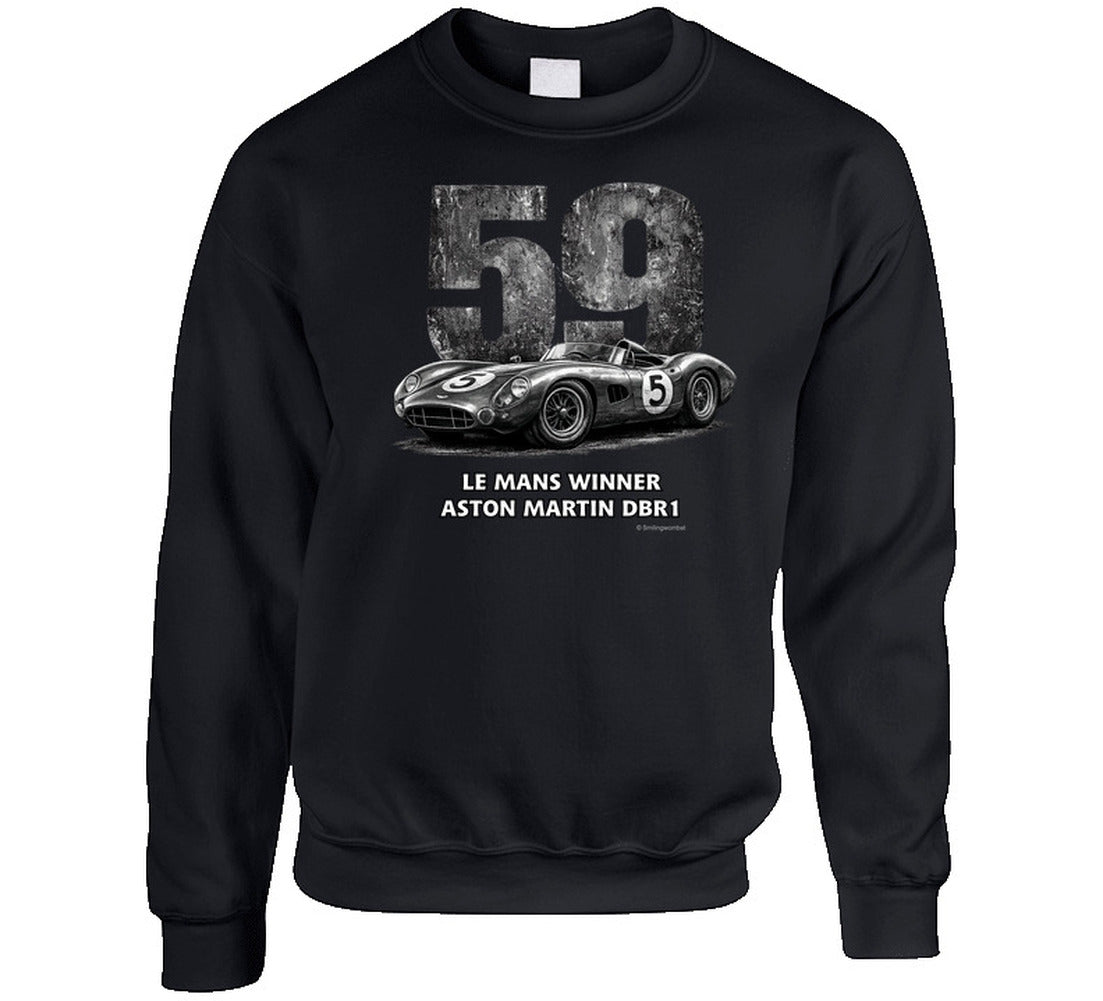 "Retro Aston Martin DBR1 Le Mans racing sweatshirt in black featuring vintage distressed design"