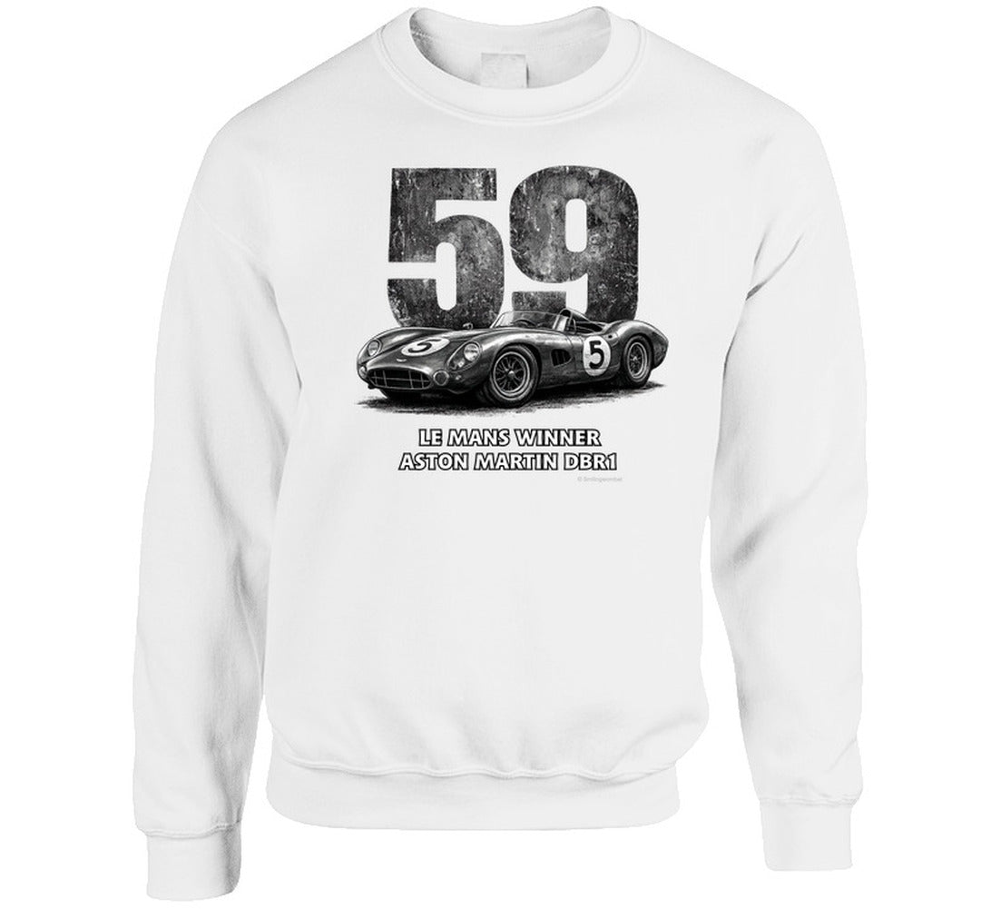 "1959 Aston Martin DBR1 Le Mans Winner vintage racing sweatshirt in white with distressed graphics"
