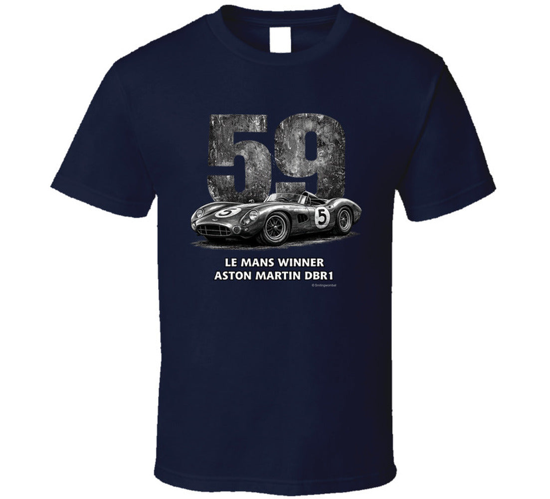 "Vintage 1959 Aston Martin DBR1 racing t-shirt in navy blue with distressed Le Mans design"