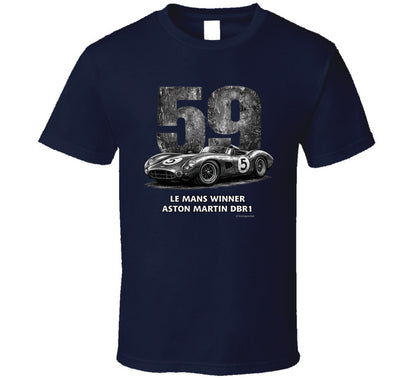 "Vintage 1959 Aston Martin DBR1 racing t-shirt in navy blue with distressed Le Mans design"