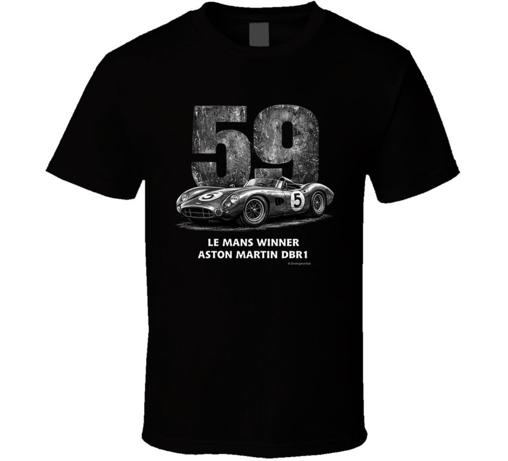 "Retro Aston Martin DBR1 Le Mans racing t-shirt in black featuring vintage distressed design"