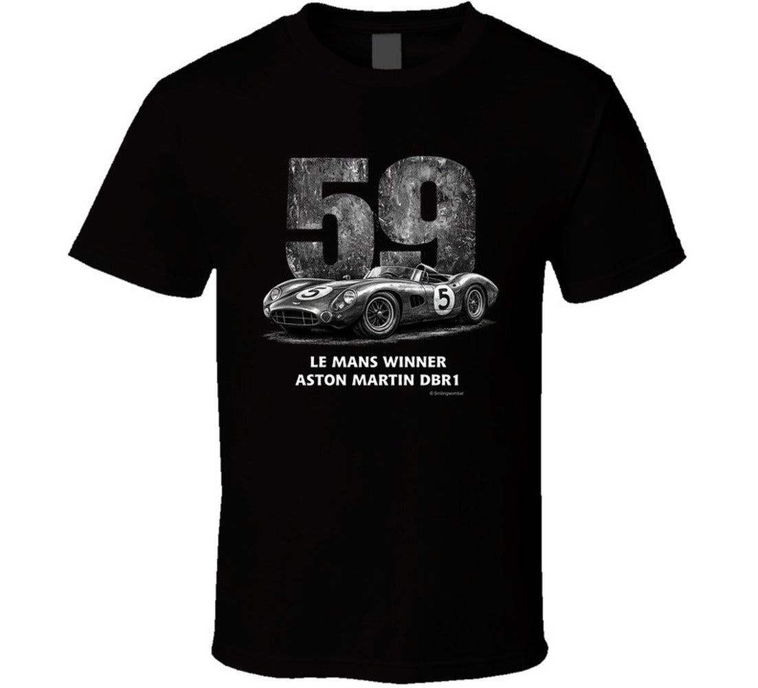 "Retro Aston Martin DBR1 Le Mans racing t-shirt in black featuring vintage distressed design"