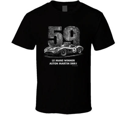 "Retro Aston Martin DBR1 Le Mans racing t-shirt in black featuring vintage distressed design"
