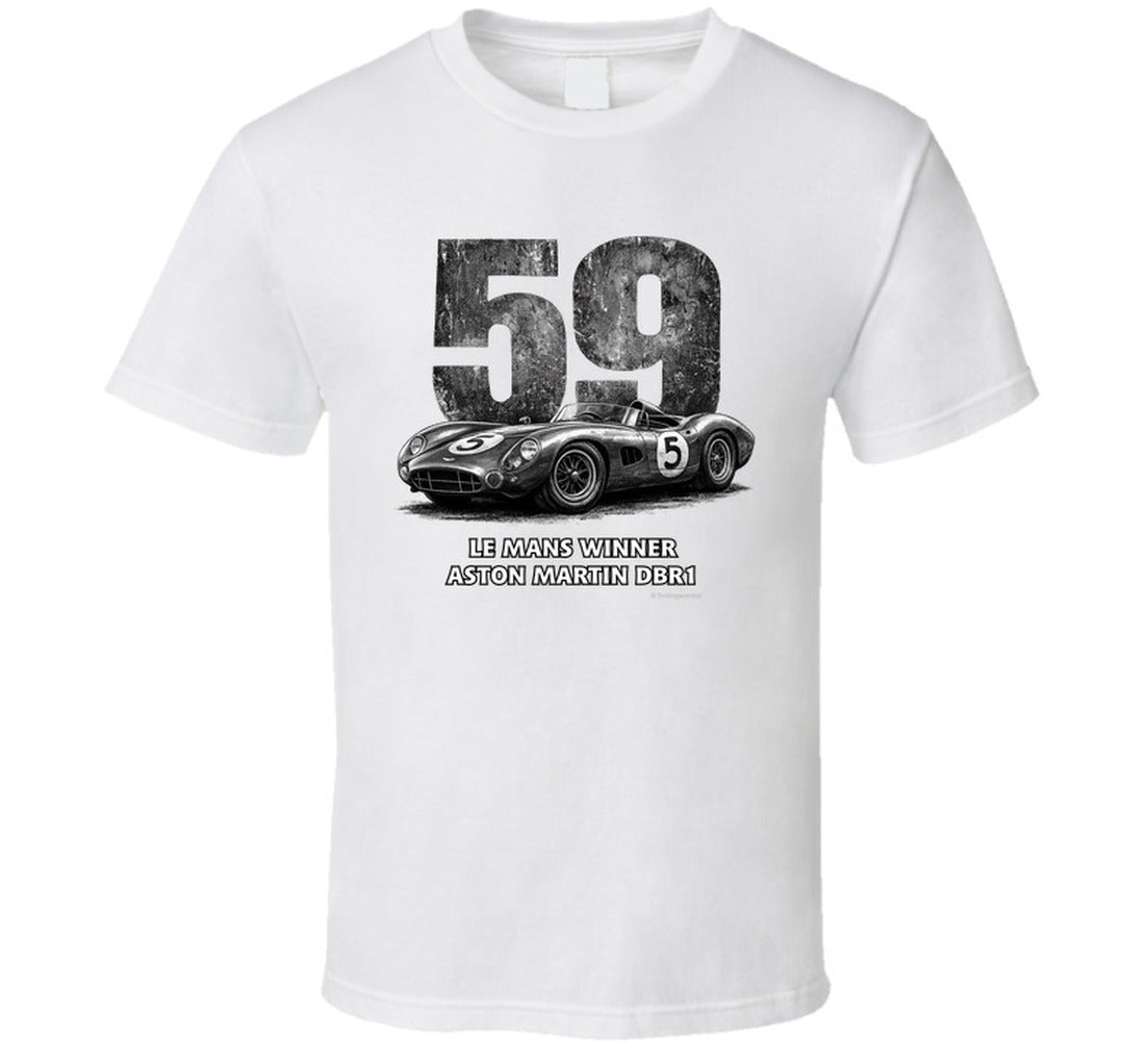 "1959 Aston Martin DBR1 Le Mans Winner vintage racing t-shirt in white with distressed black graphics"