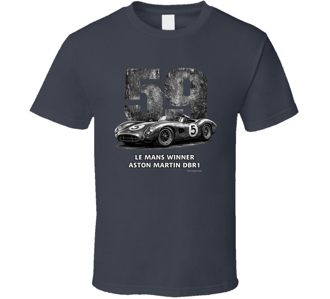"Classic Aston Martin DBR1 Le Mans Winner t-shirt in charcoal grey with retro racing graphics"