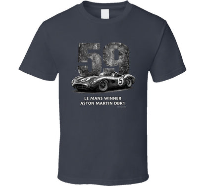 "Classic Aston Martin DBR1 Le Mans Winner t-shirt in charcoal grey with retro racing graphics"