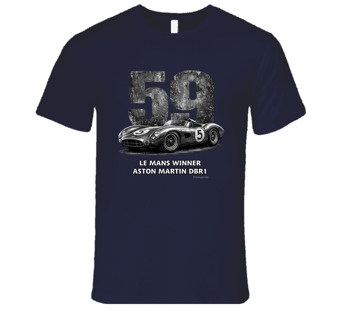 "Vintage 1959 Aston Martin DBR1 racing t-shirt in navy blue with distressed Le Mans design"