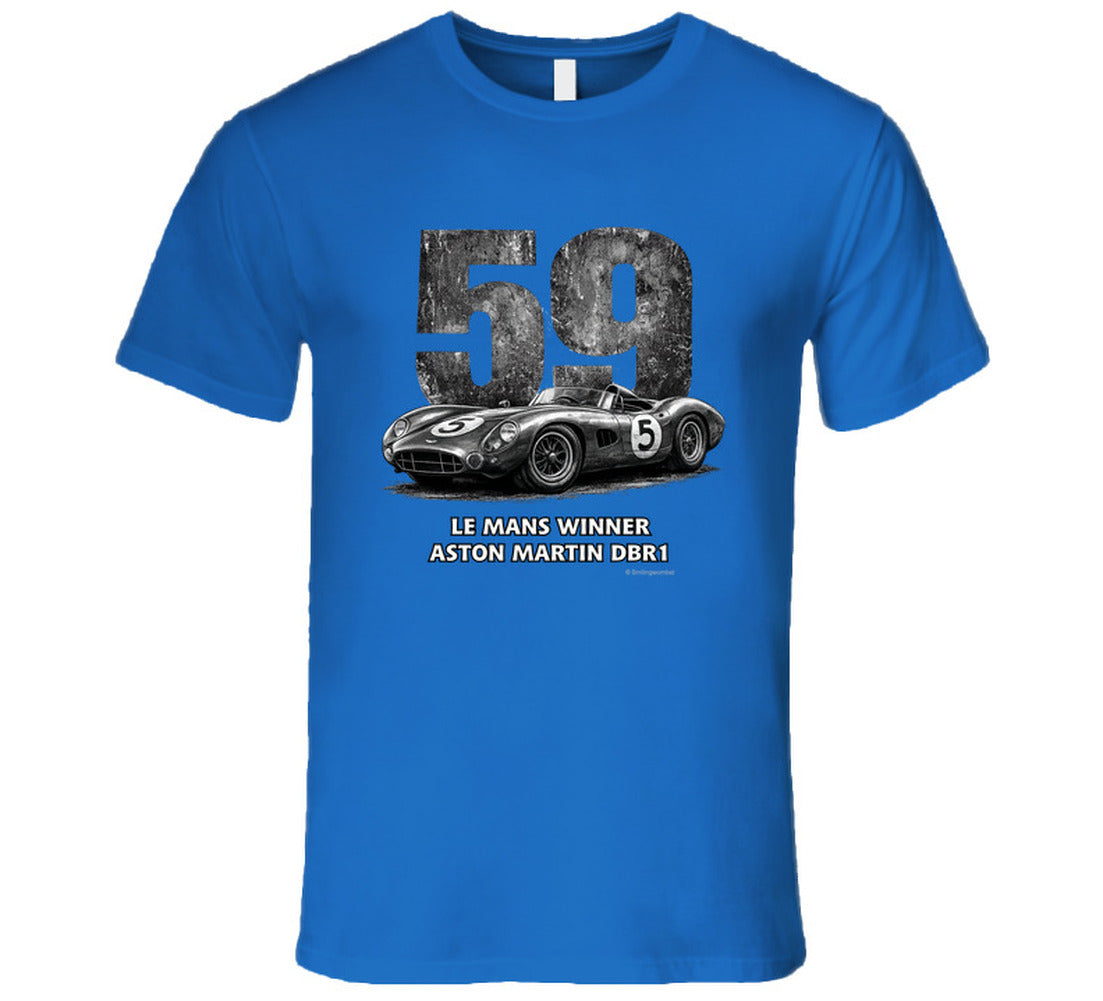 "Aston Martin DBR1 Le Mans Winner retro racing t-shirt in royal blue with vintage graphics"