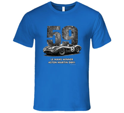 "Aston Martin DBR1 Le Mans Winner retro racing t-shirt in royal blue with vintage graphics"