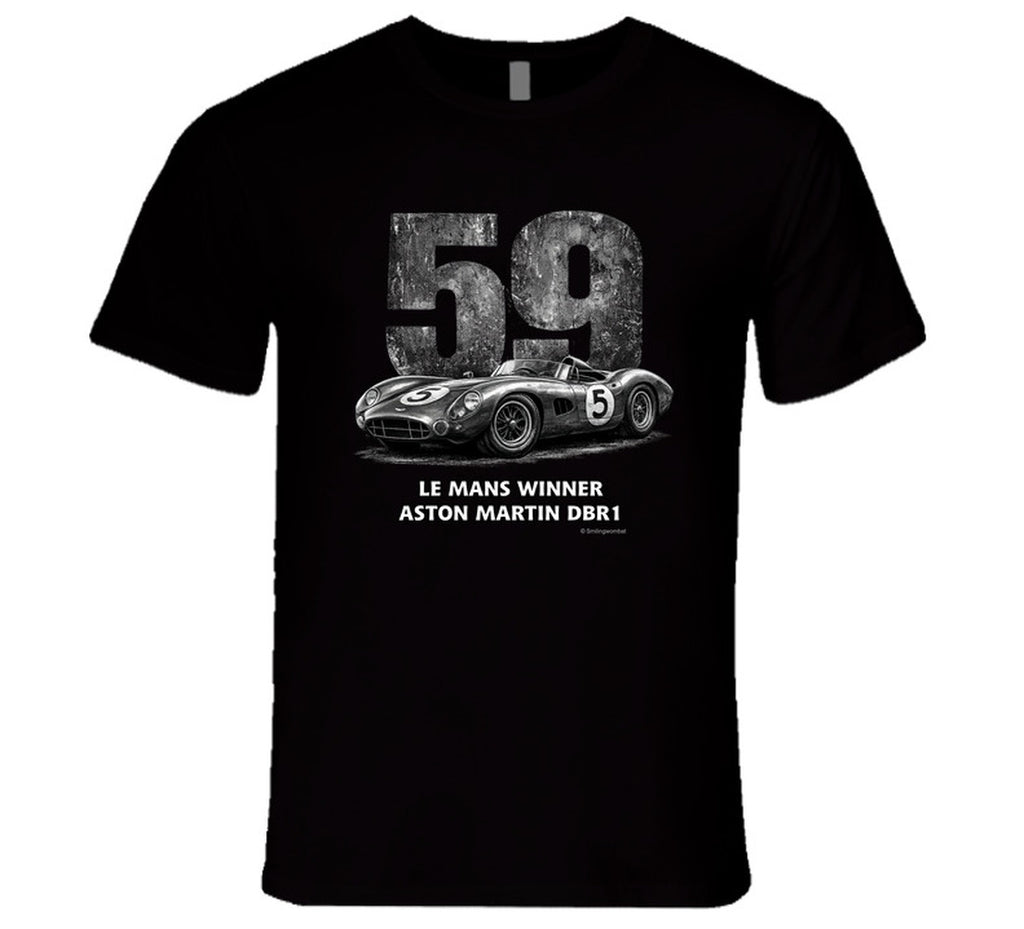 "Retro Aston Martin DBR1 Le Mans racing t-shirt in black featuring vintage distressed design"