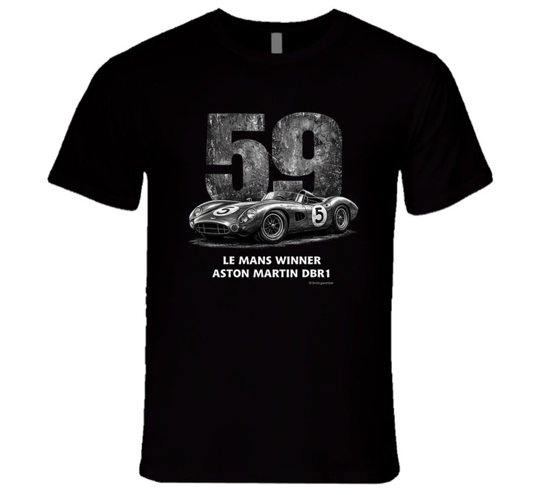 "Retro Aston Martin DBR1 Le Mans racing t-shirt in black featuring vintage distressed design"
