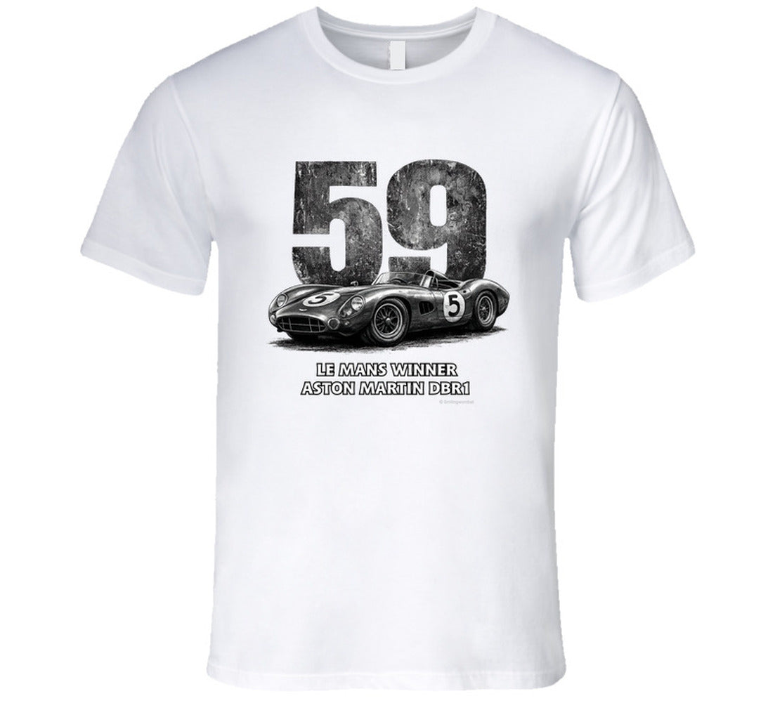 "1959 Aston Martin DBR1 Le Mans Winner vintage racing t-shirt in white with distressed black graphics"