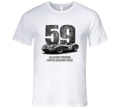 "1959 Aston Martin DBR1 Le Mans Winner vintage racing t-shirt in white with distressed black graphics"