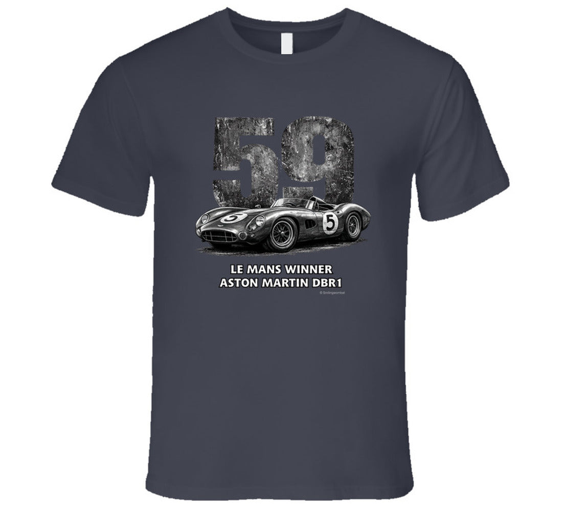 "Classic Aston Martin DBR1 Le Mans Winner t-shirt in charcoal grey with retro racing graphics"