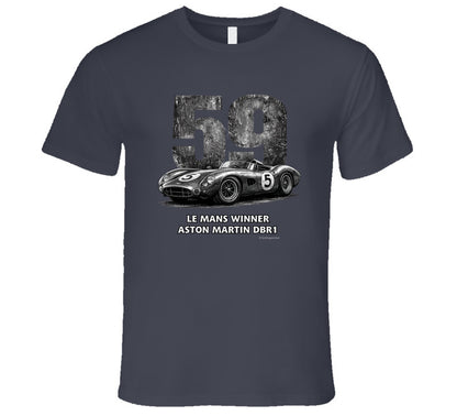 "Classic Aston Martin DBR1 Le Mans Winner t-shirt in charcoal grey with retro racing graphics"