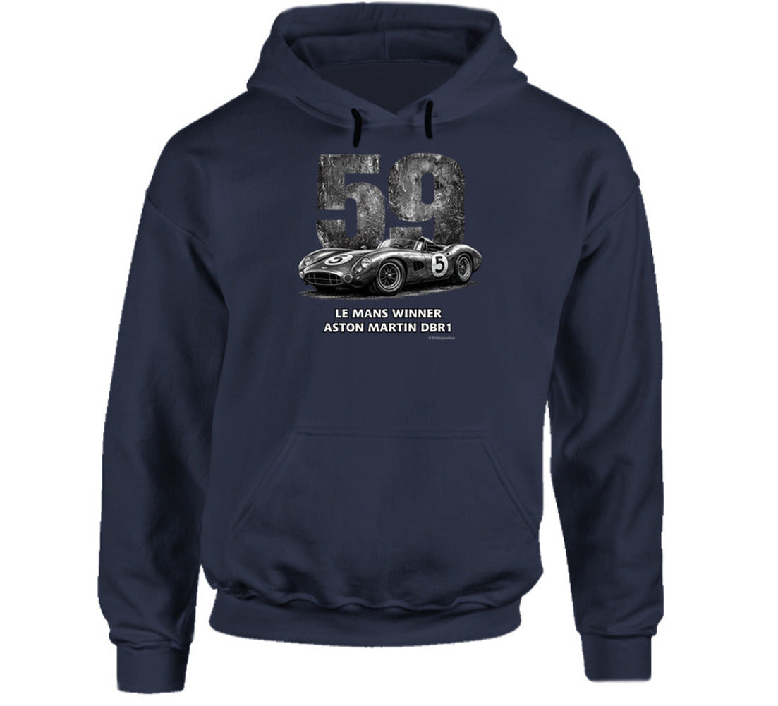"Vintage 1959 Aston Martin DBR1 racing hoodie in navy blue with distressed Le Mans design"