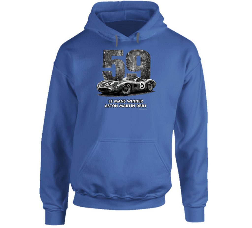 "Vintage 1959 Aston Martin DBR1 racing hoodie in navy blue with distressed Le Mans design"