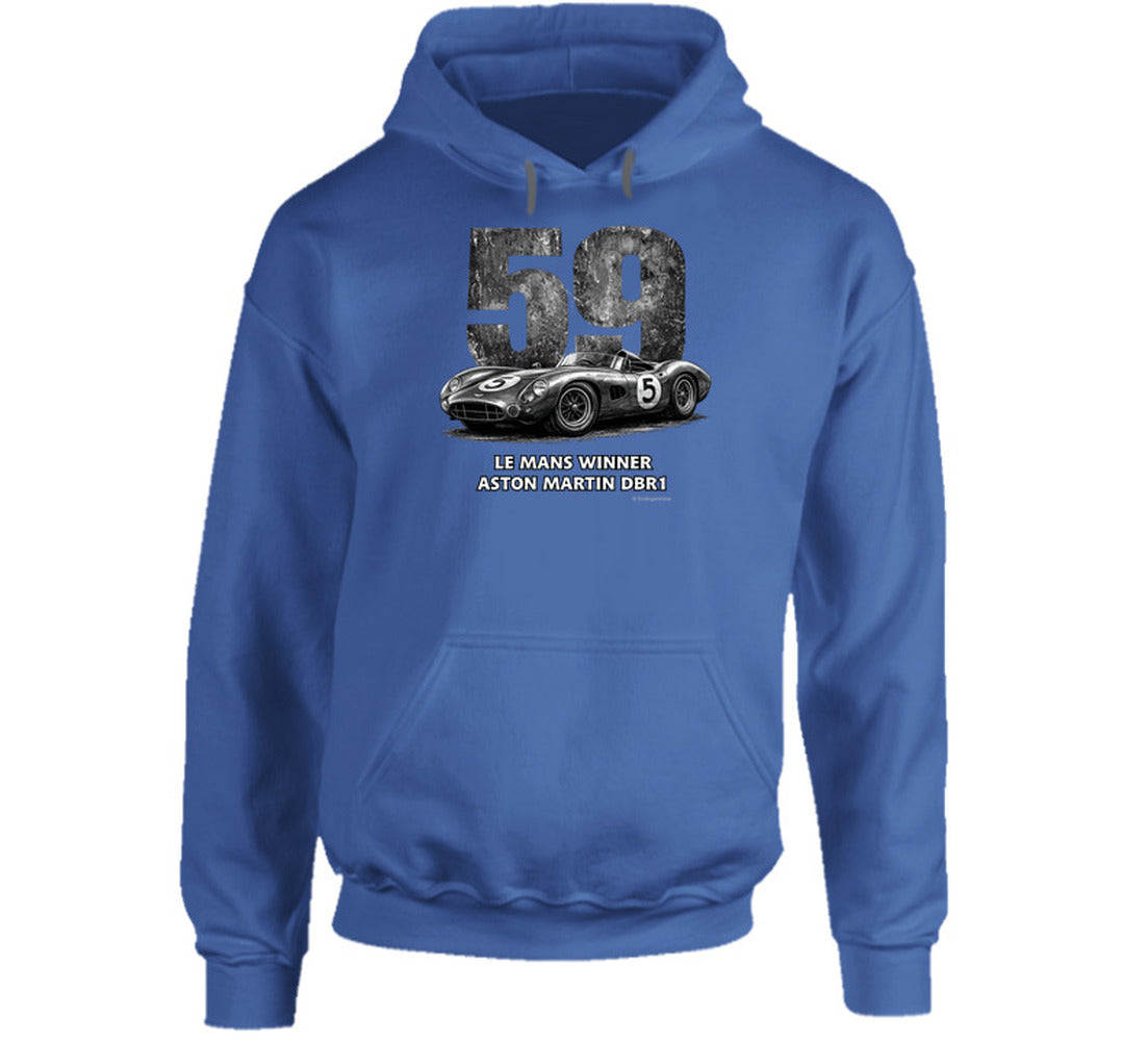 "Vintage 1959 Aston Martin DBR1 racing hoodie in navy blue with distressed Le Mans design"