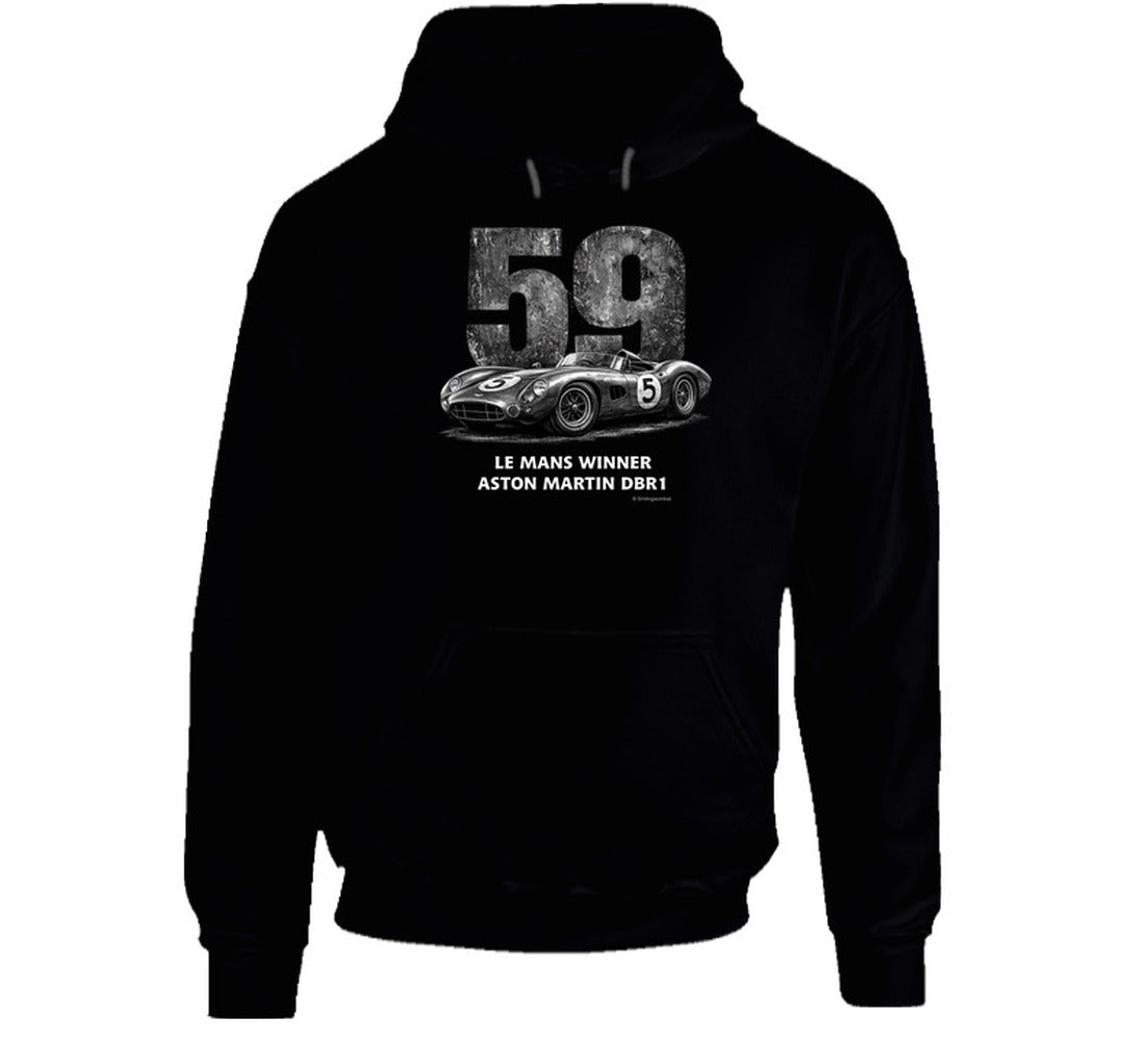  "Retro Aston Martin DBR1 Le Mans racing hoodie in black featuring vintage distressed design"