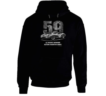  "Retro Aston Martin DBR1 Le Mans racing hoodie in black featuring vintage distressed design"