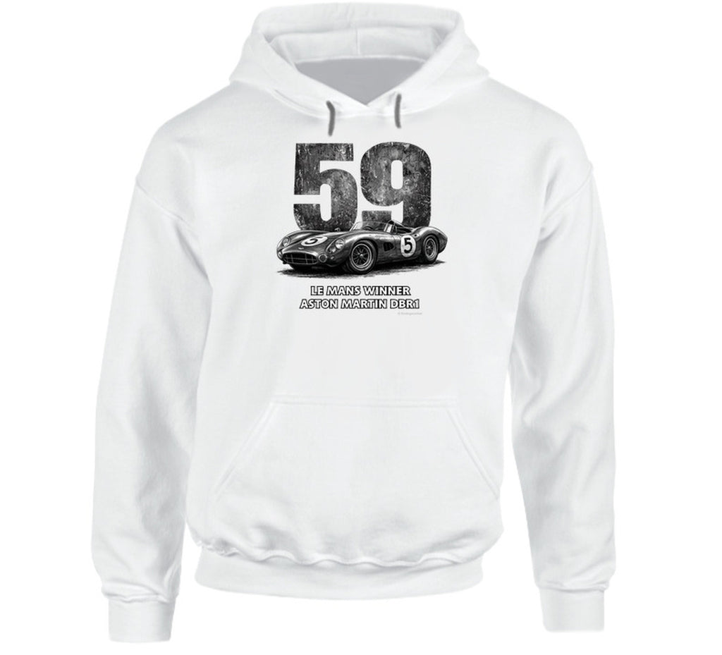 "1959 Aston Martin DBR1 Le Mans Winner vintage racing hoodie in white with distressed graphics"