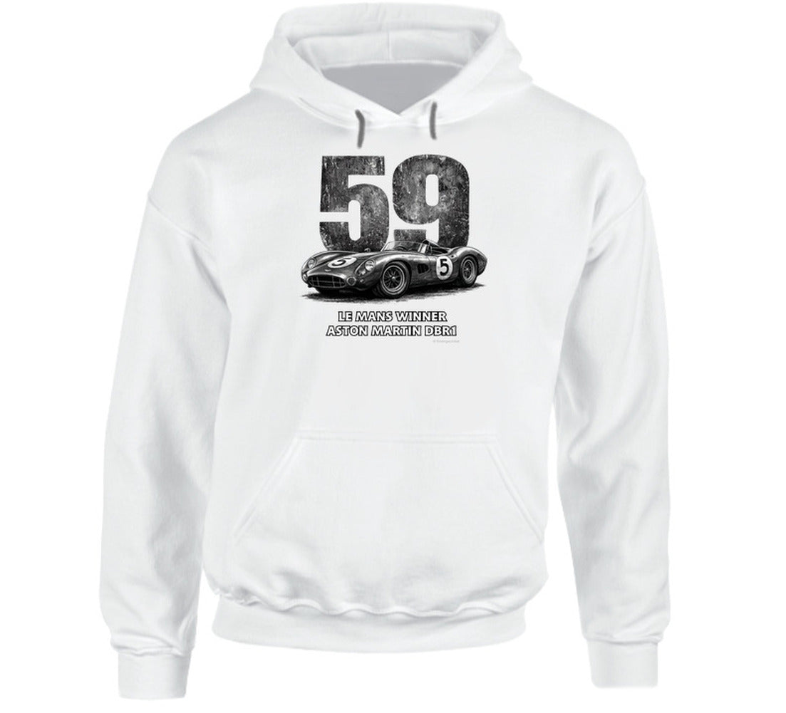 "1959 Aston Martin DBR1 Le Mans Winner vintage racing hoodie in white with distressed graphics"