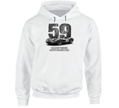 "1959 Aston Martin DBR1 Le Mans Winner vintage racing hoodie in white with distressed graphics"