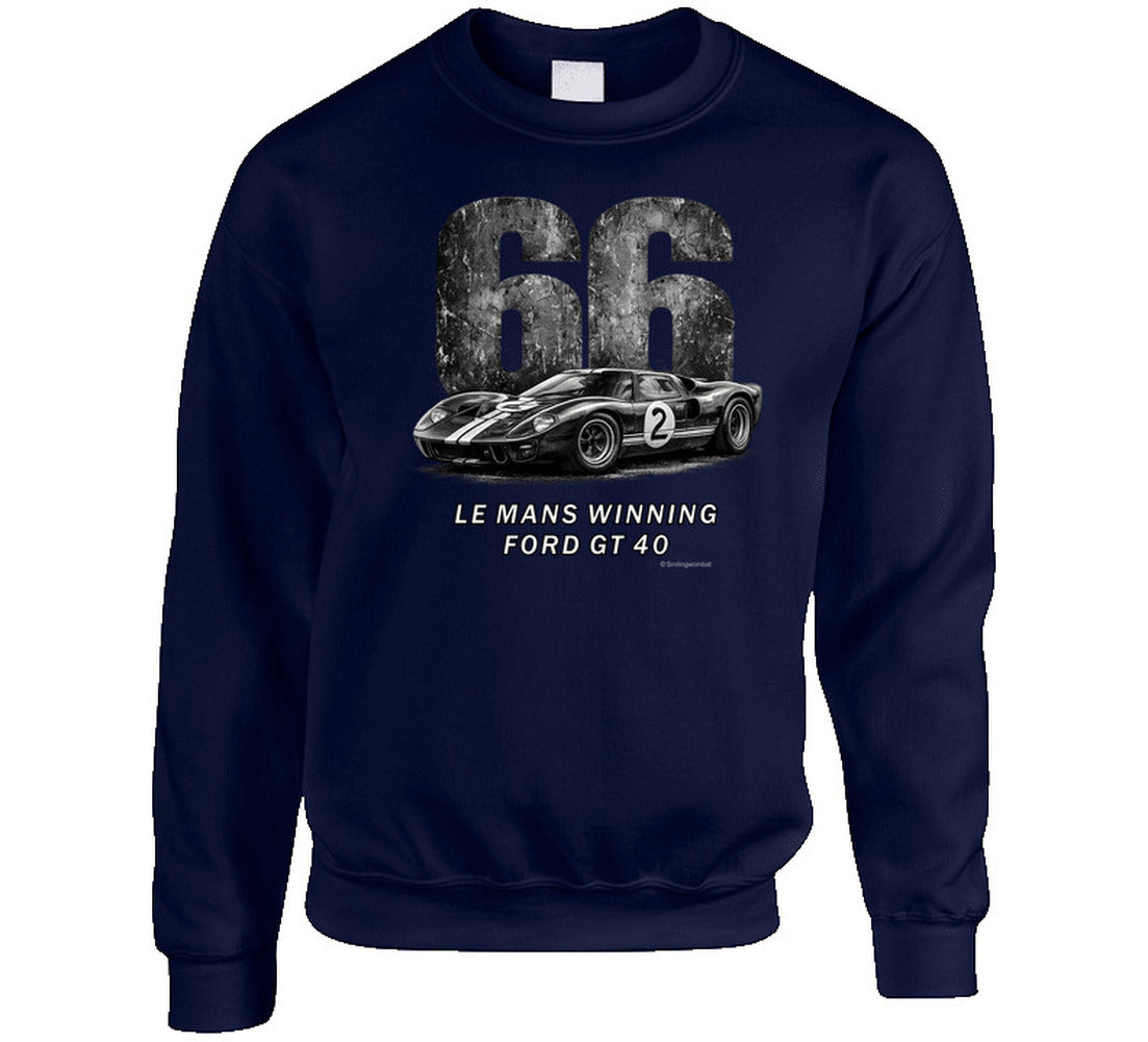  "1966 Ford GT40 Mark 2 Le Mans vintage racing sweatshirt in navy blue with distressed graphics"