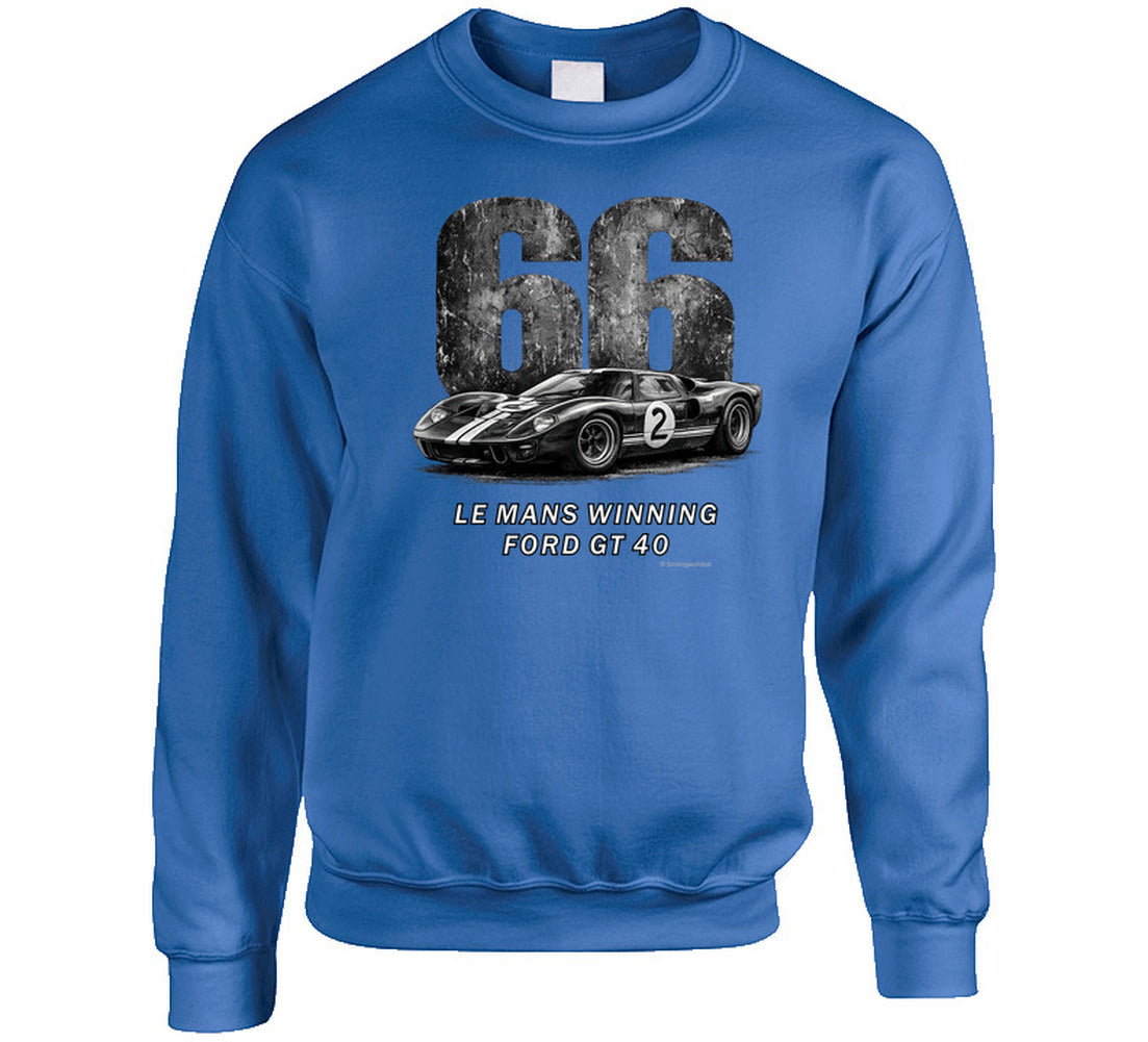"1966 Ford GT40 Mark 2 Le Mans vintage racing sweatshirt in royal blue with distressed graphics"