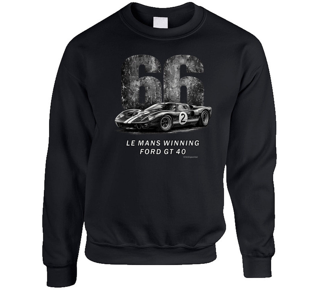  "1966 Ford GT40 Mark 2 Le Mans vintage racing sweatshirt in black with distressed graphics"