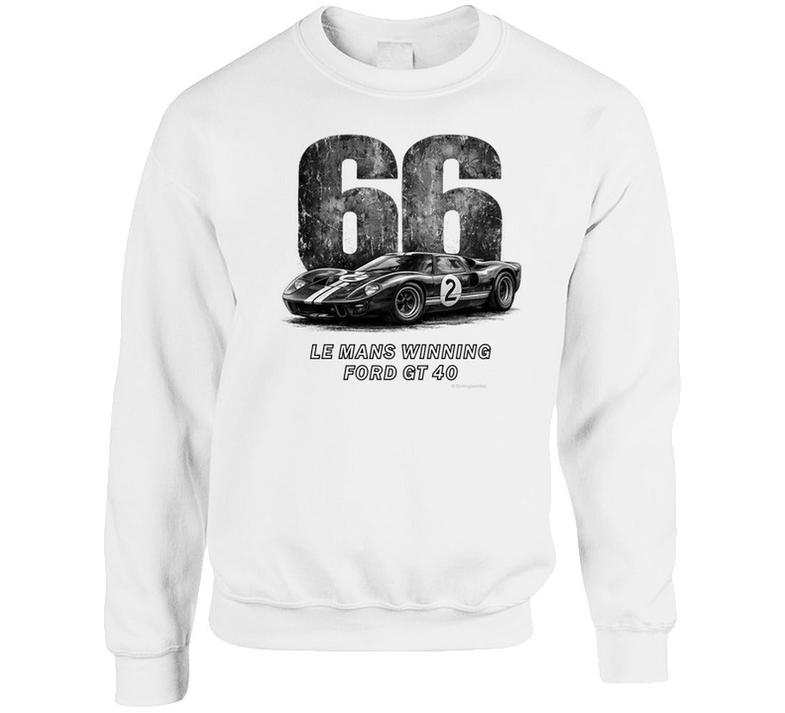 "1966 Ford GT40 Mark 2 Le Mans vintage racing sweatshirt in white with distressed black graphics"