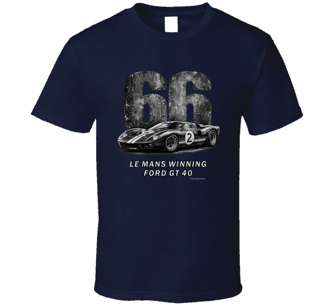 "1966 Ford GT40 Mark 2 Le Mans vintage racing t-shirt in navy blue with distressed graphics"