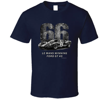 "1966 Ford GT40 Mark 2 Le Mans vintage racing t-shirt in navy blue with distressed graphics"