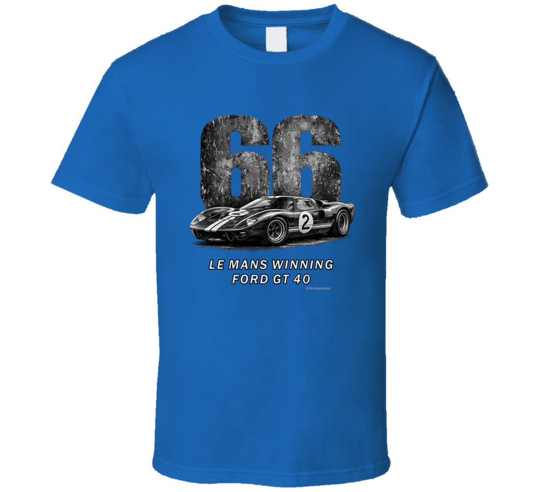  "1966 Ford GT40 Mark 2 Le Mans vintage racing t-shirt in royal blue with distressed graphics"