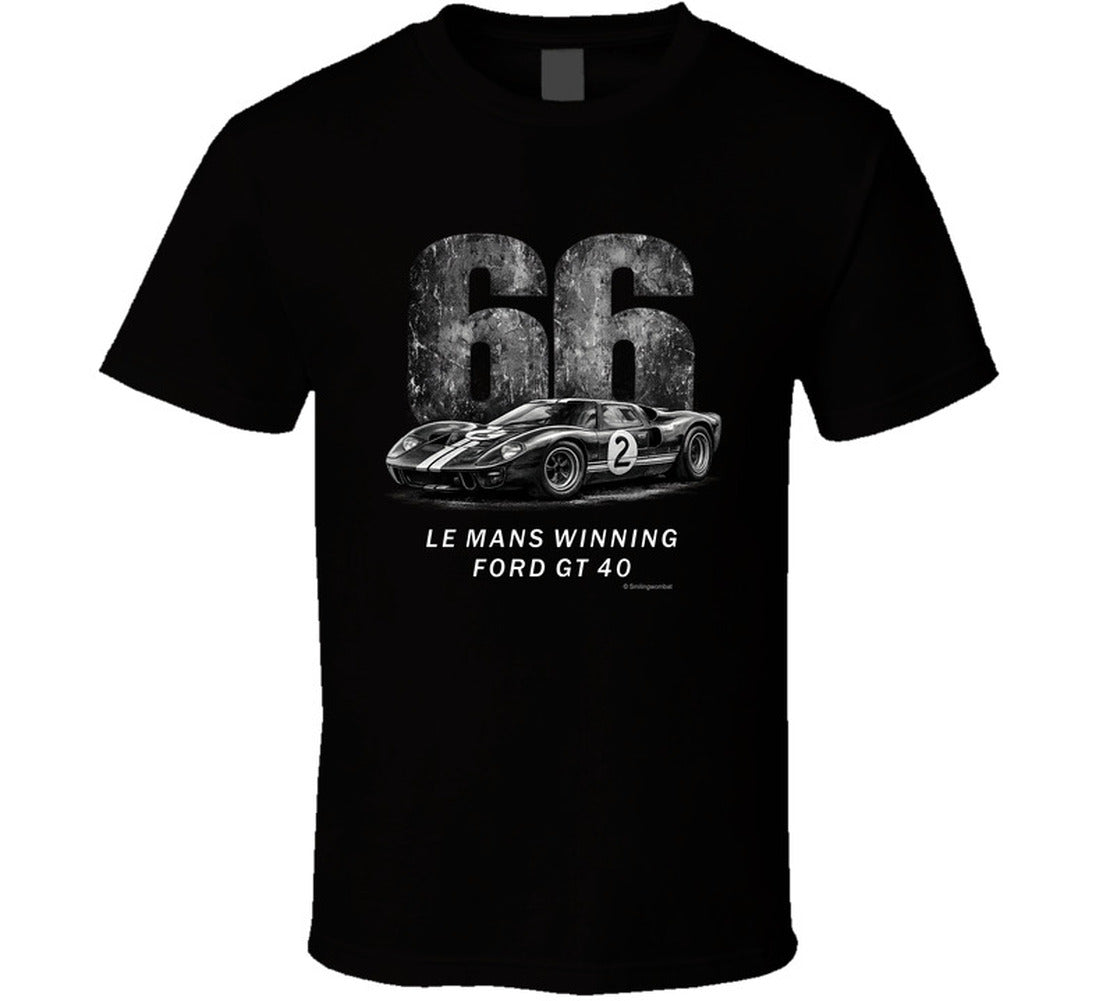 "1966 Ford GT40 Mark 2 Le Mans vintage racing t-shirt in black with distressed graphics"