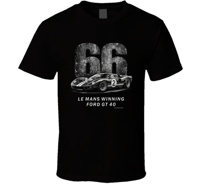 "1966 Ford GT40 Mark 2 Le Mans vintage racing t-shirt in black with distressed graphics"