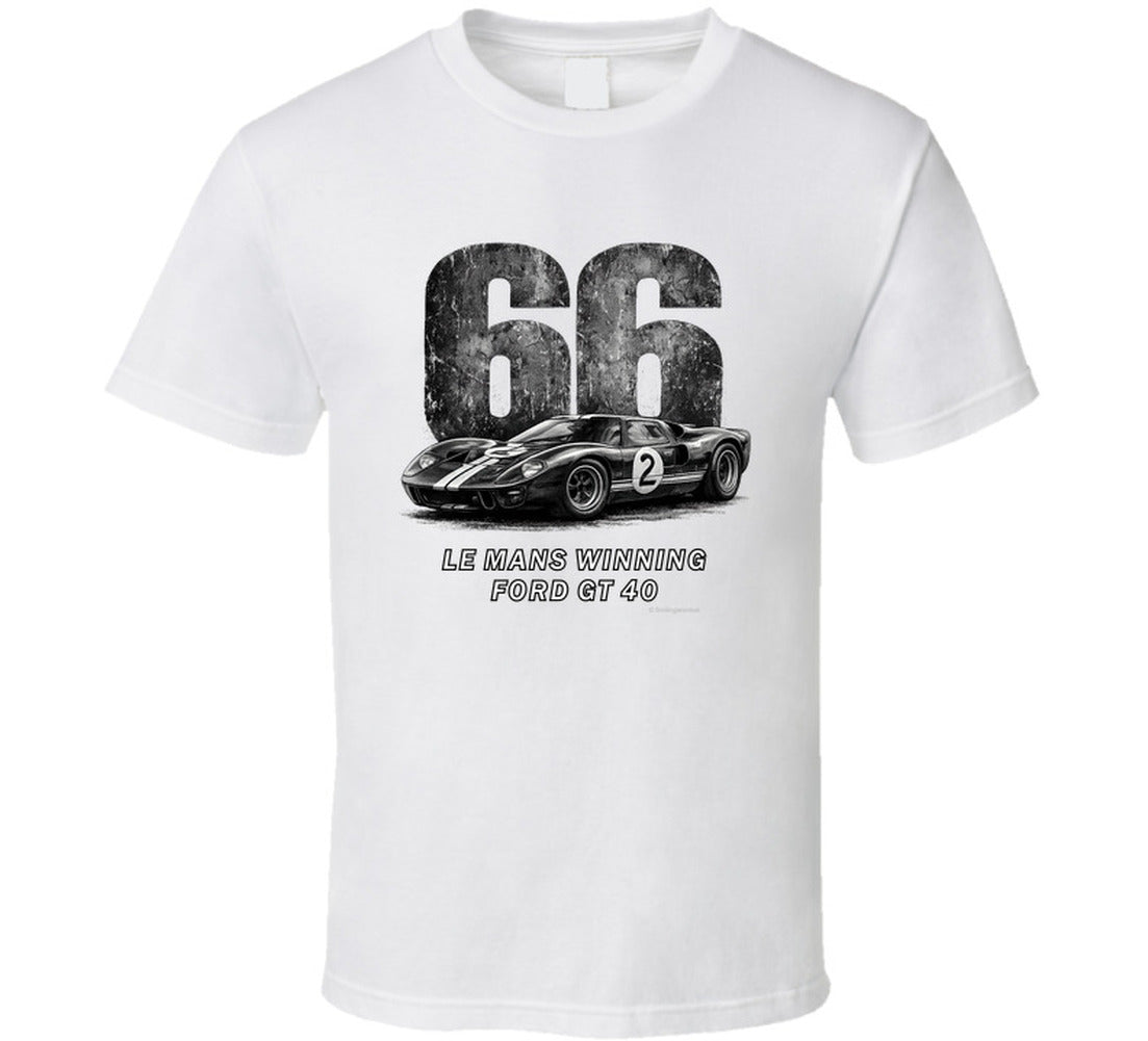 "1966 Ford GT40 Mark 2 Le Mans vintage racing t-shirt in white with distressed black graphics"