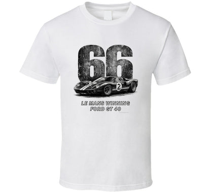 "1966 Ford GT40 Mark 2 Le Mans vintage racing t-shirt in white with distressed black graphics"