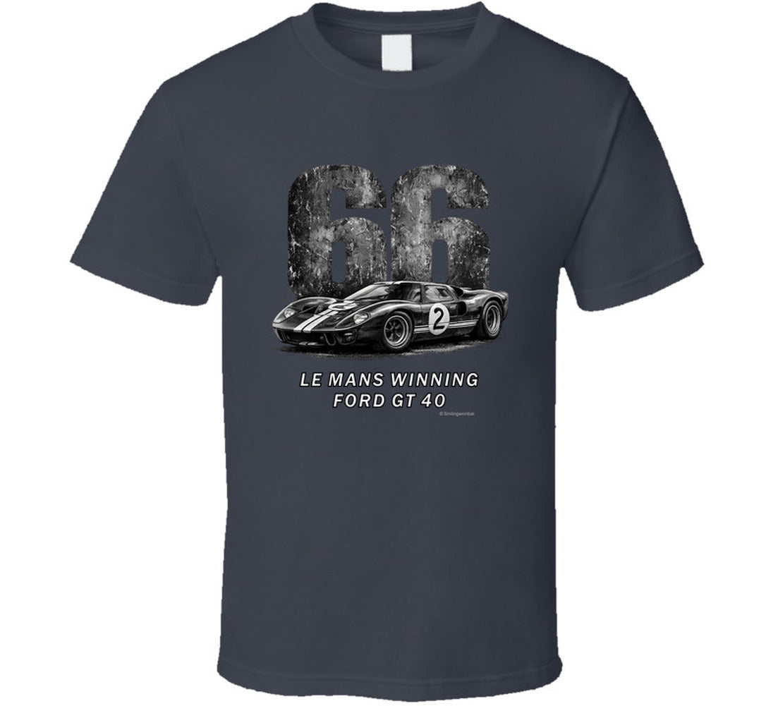  "1966 Ford GT40 Mark 2 Le Mans vintage racing t-shirt in charcoal grey with distressed graphics"