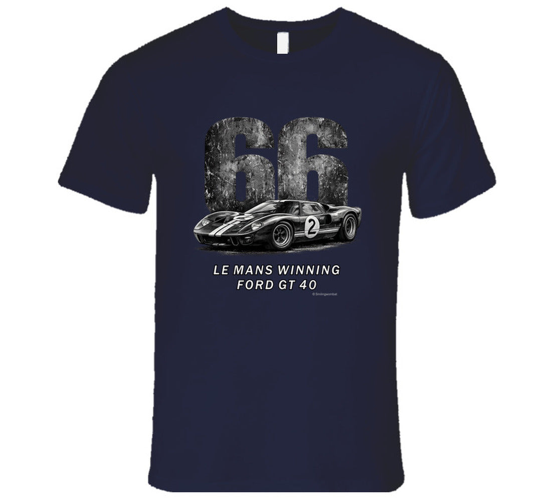 "1966 Ford GT40 Mark 2 Le Mans vintage racing t-shirt in navy blue with distressed graphics"