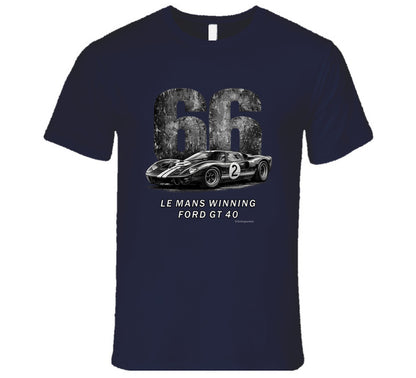 "1966 Ford GT40 Mark 2 Le Mans vintage racing t-shirt in navy blue with distressed graphics"