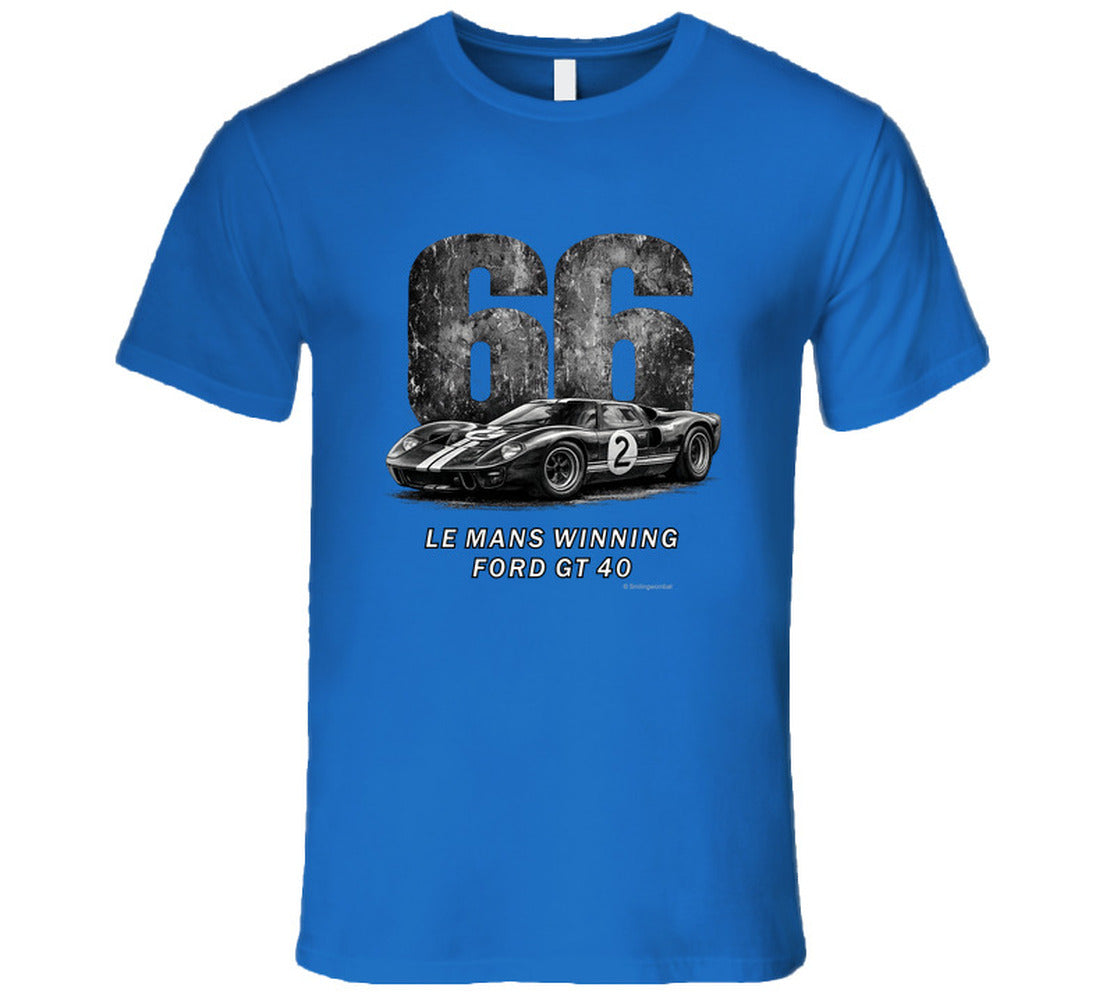  "1966 Ford GT40 Mark 2 Le Mans vintage racing t-shirt in royal blue with distressed graphics"