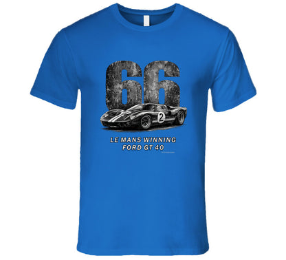  "1966 Ford GT40 Mark 2 Le Mans vintage racing t-shirt in royal blue with distressed graphics"