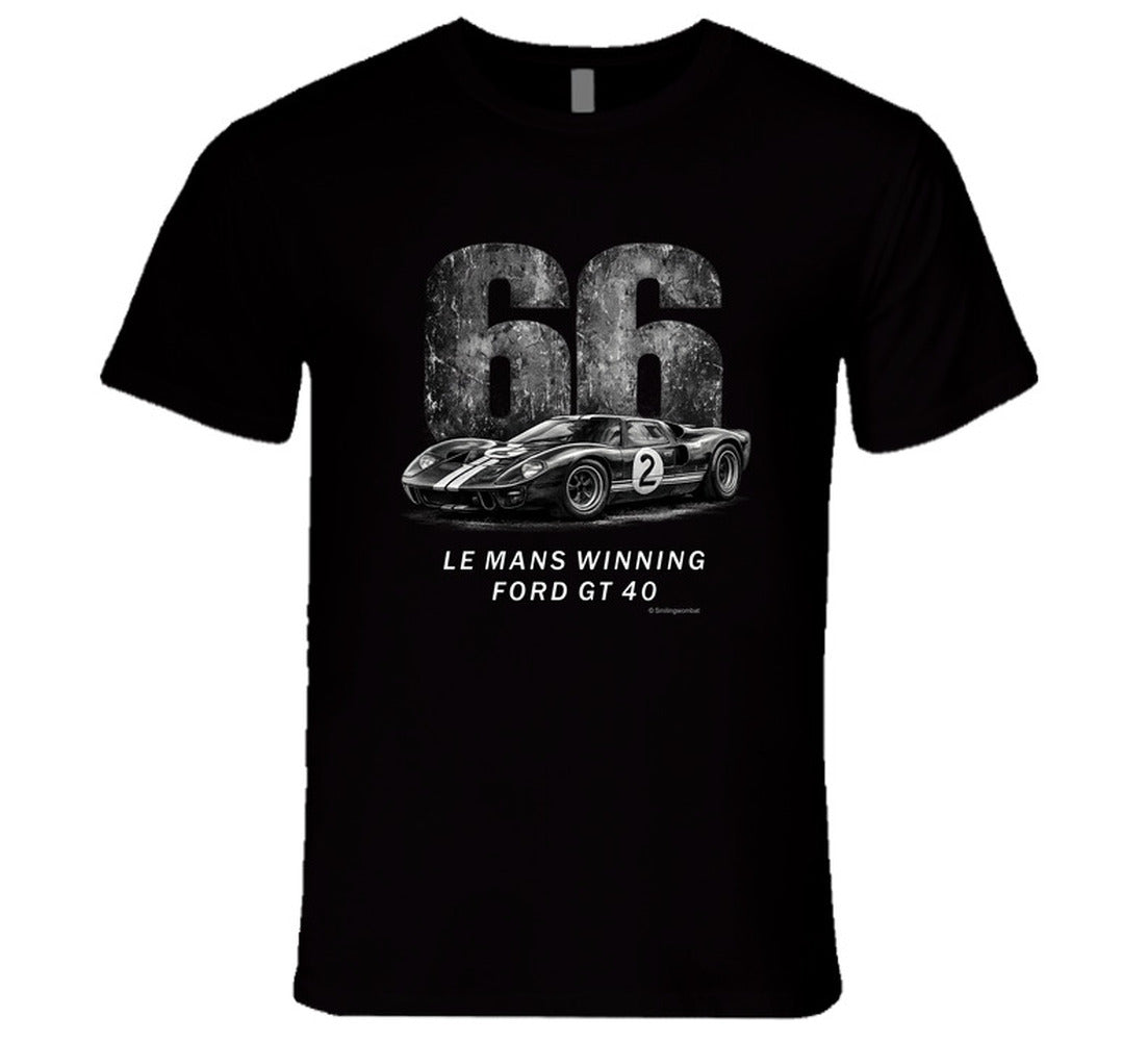 "1966 Ford GT40 Mark 2 Le Mans vintage racing t-shirt in black with distressed graphics"